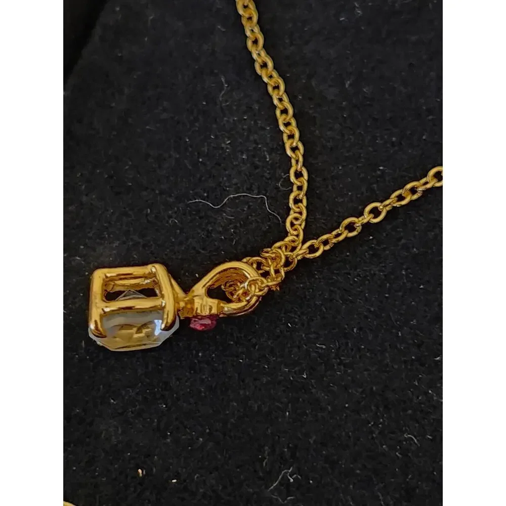 Van Doran Genuine Ruby Necklace Gold Tone‎ Chain Rhinestone In Original Box